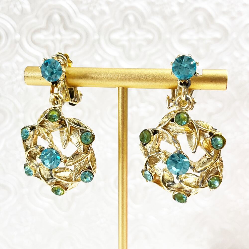 Vintage Teal Blue & Gold Tone Clip Drop Earrings